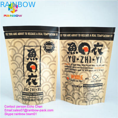 Gewohnheit druckte Kraftpapiertaschen-Reißverschlussverschlusstasche für feinschmeckerische gesalzene Fisch-Hautchips des Eies 105g