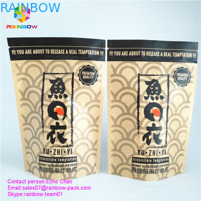 Gewohnheit druckte Kraftpapiertaschen-Reißverschlussverschlusstasche für feinschmeckerische gesalzene Fisch-Hautchips des Eies 105g