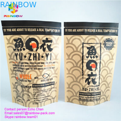 Gewohnheit druckte Kraftpapiertaschen-Reißverschlussverschlusstasche für feinschmeckerische gesalzene Fisch-Hautchips des Eies 105g