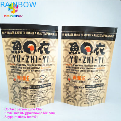 Gewohnheit druckte Kraftpapiertaschen-Reißverschlussverschlusstasche für feinschmeckerische gesalzene Fisch-Hautchips des Eies 105g