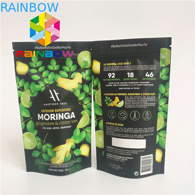 Stehen Sie oben Plastikbeutel die mit Reißverschluss, die Aluminiumfolie gezeichneten Matcha-Pulver-grünen Teebeutel verpacken