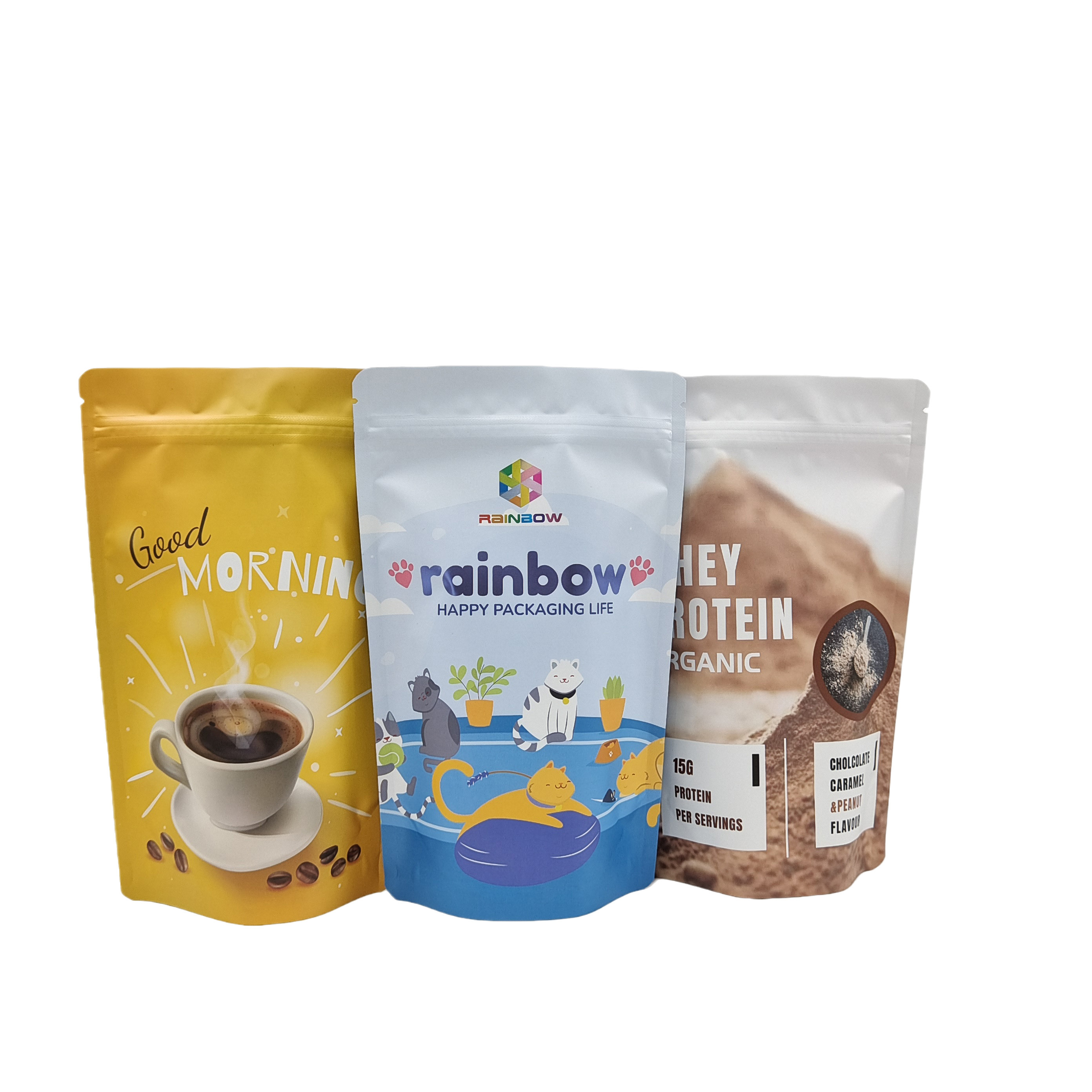 Essbare Kunststoffverpackungen mit Reißverschluss aus Aluminiumfolie, Standbeutel für Snack-Keks-Proteinpulver