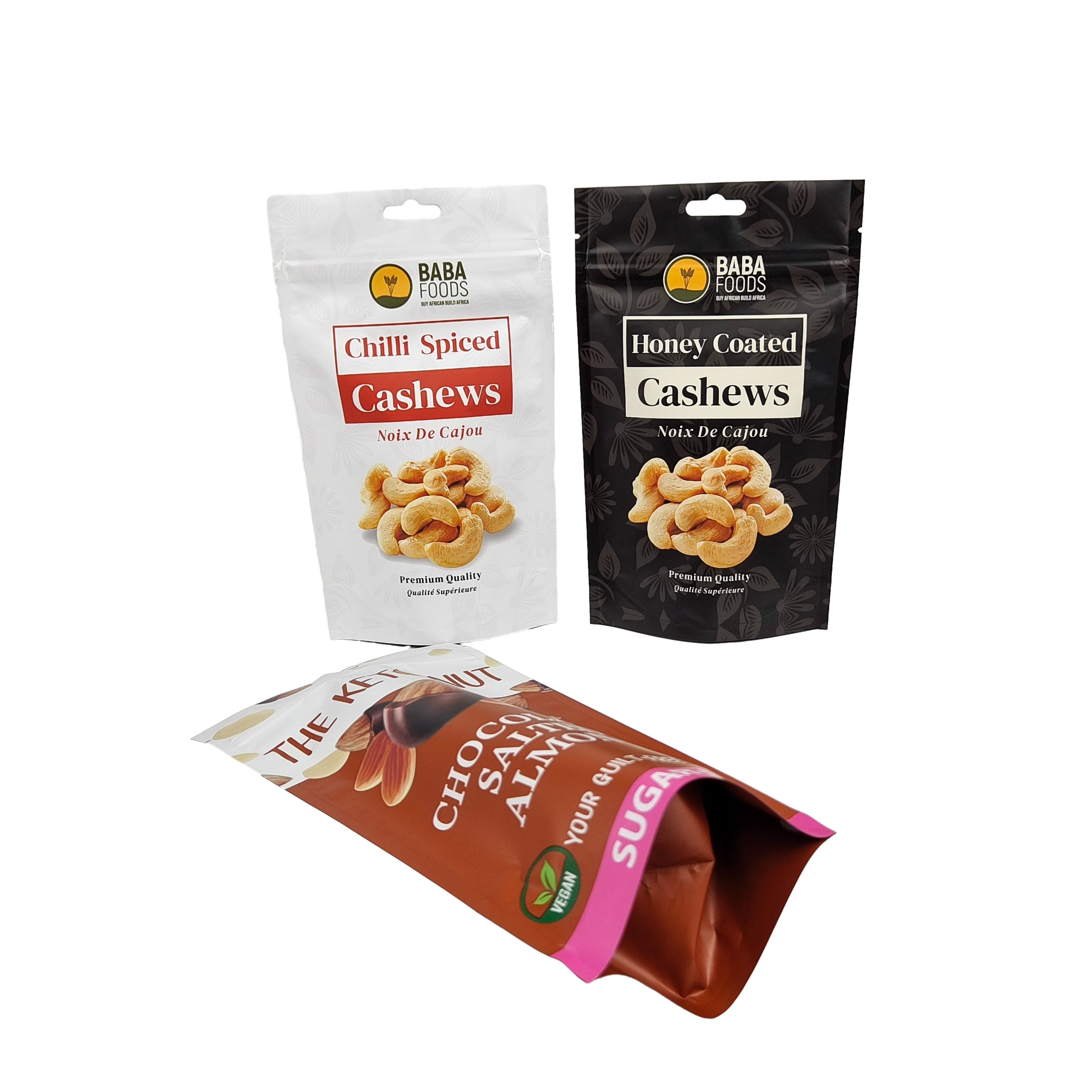 Custom wiederverschließbare Kunststoff-Schokoladenbohnen Tasche Aluminiumfolie Stehen Sie auf Tasche Snack Cashew Reißverschluss Tasche