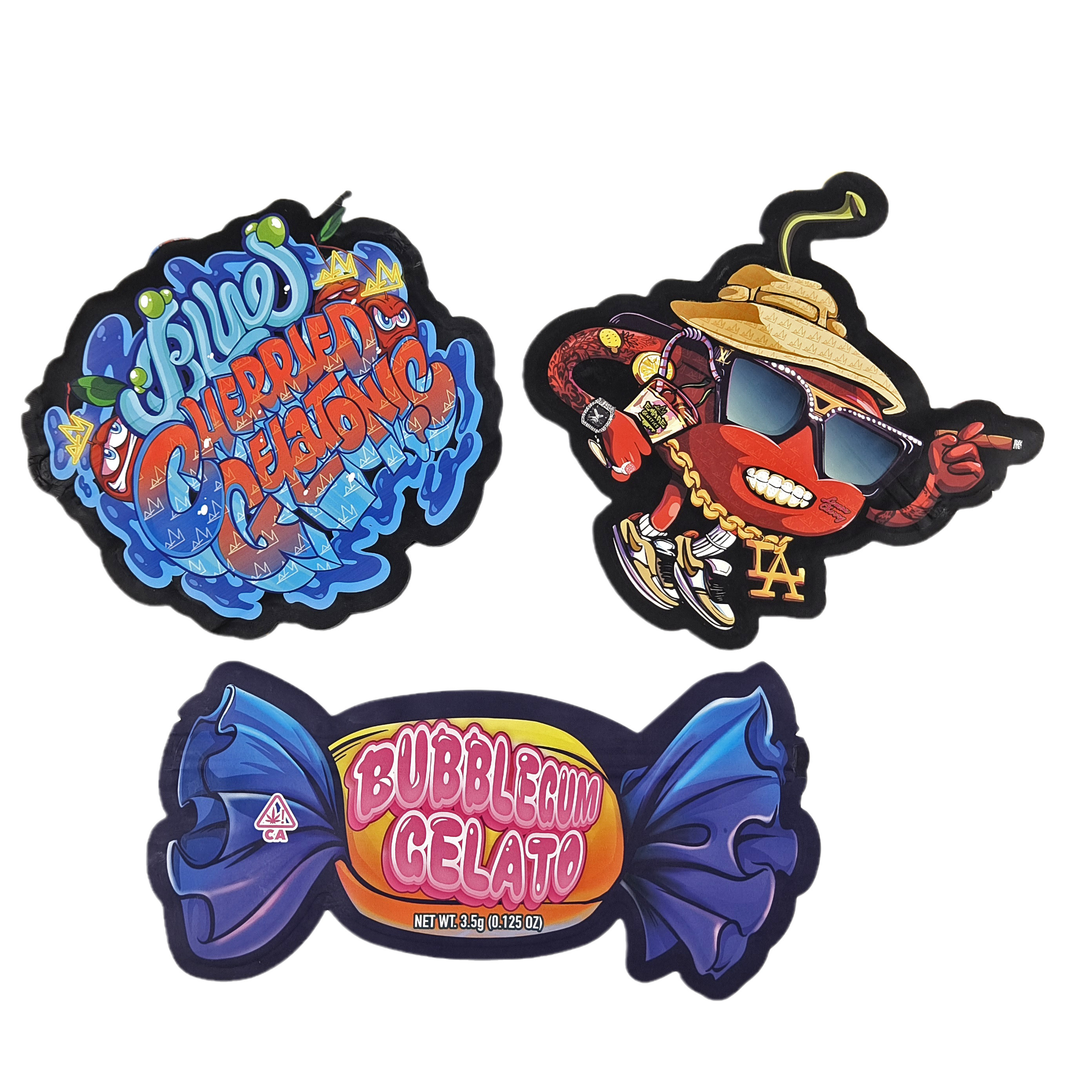 Custom Matte Logo wiederverschließbare Kunststoffbeutel in Gestalt Geruchssicherung Die Cut Ziplock 3,5 Mylar Taschen für Süßigkeiten