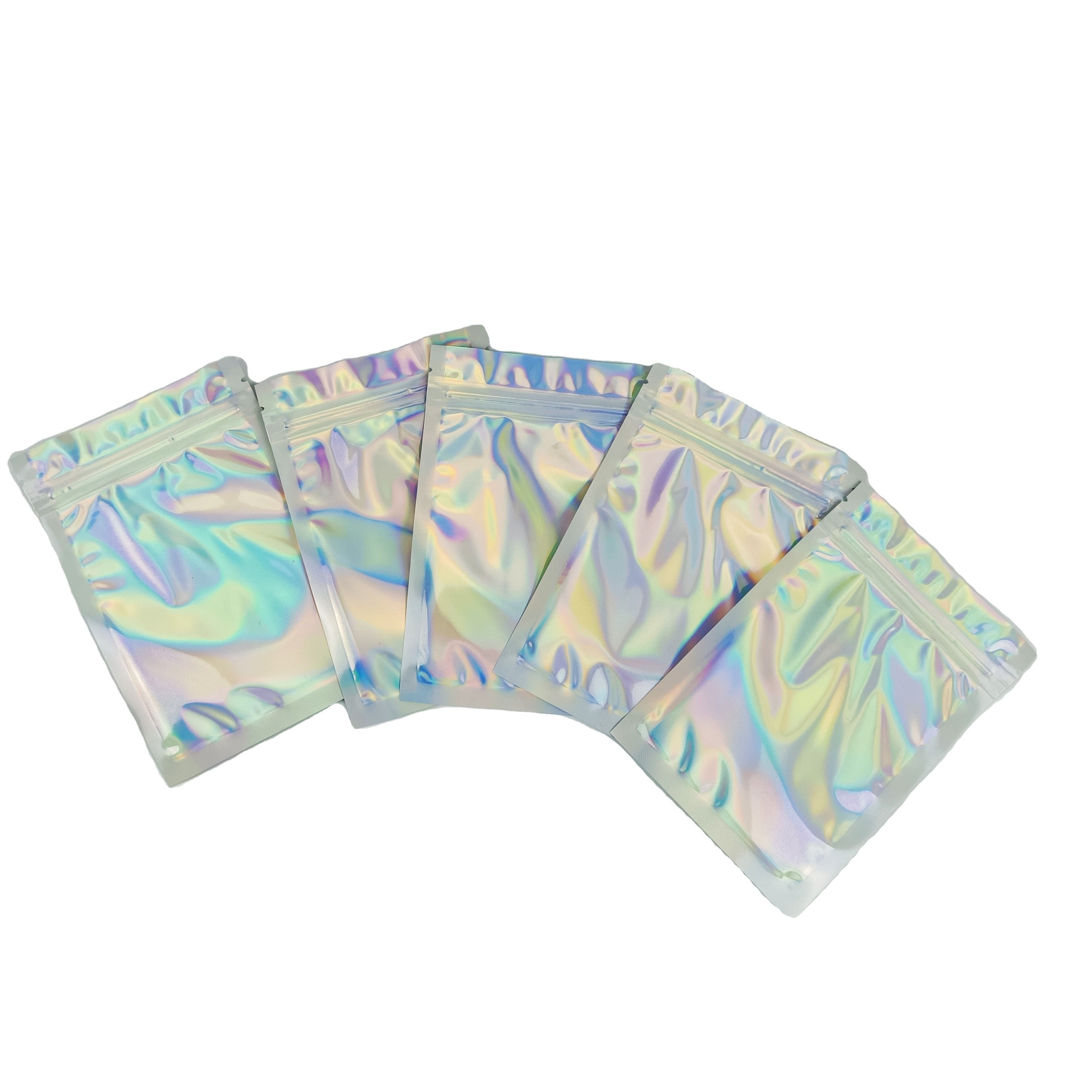 Customized Logo Zip Lock Taschen Flach Holographischer Film Mini Mylar Drei Seiten Siegel