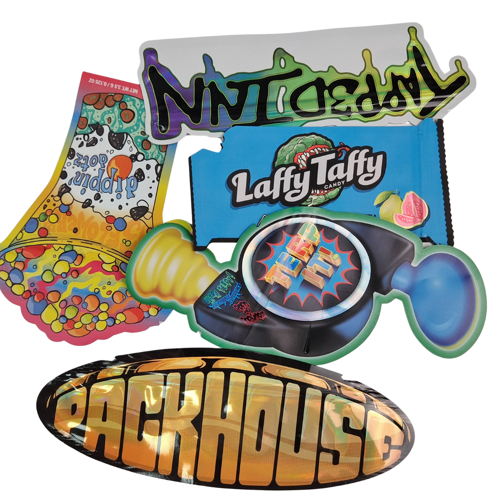 Wiederverschließbare Reißverschluss-Hologramm-Form Stanz-Mylar-Beutel Aluminiumfolie Heißsiegelung Stanzung Unregelmäßiger Beutel für Pilz-Gummibärchen