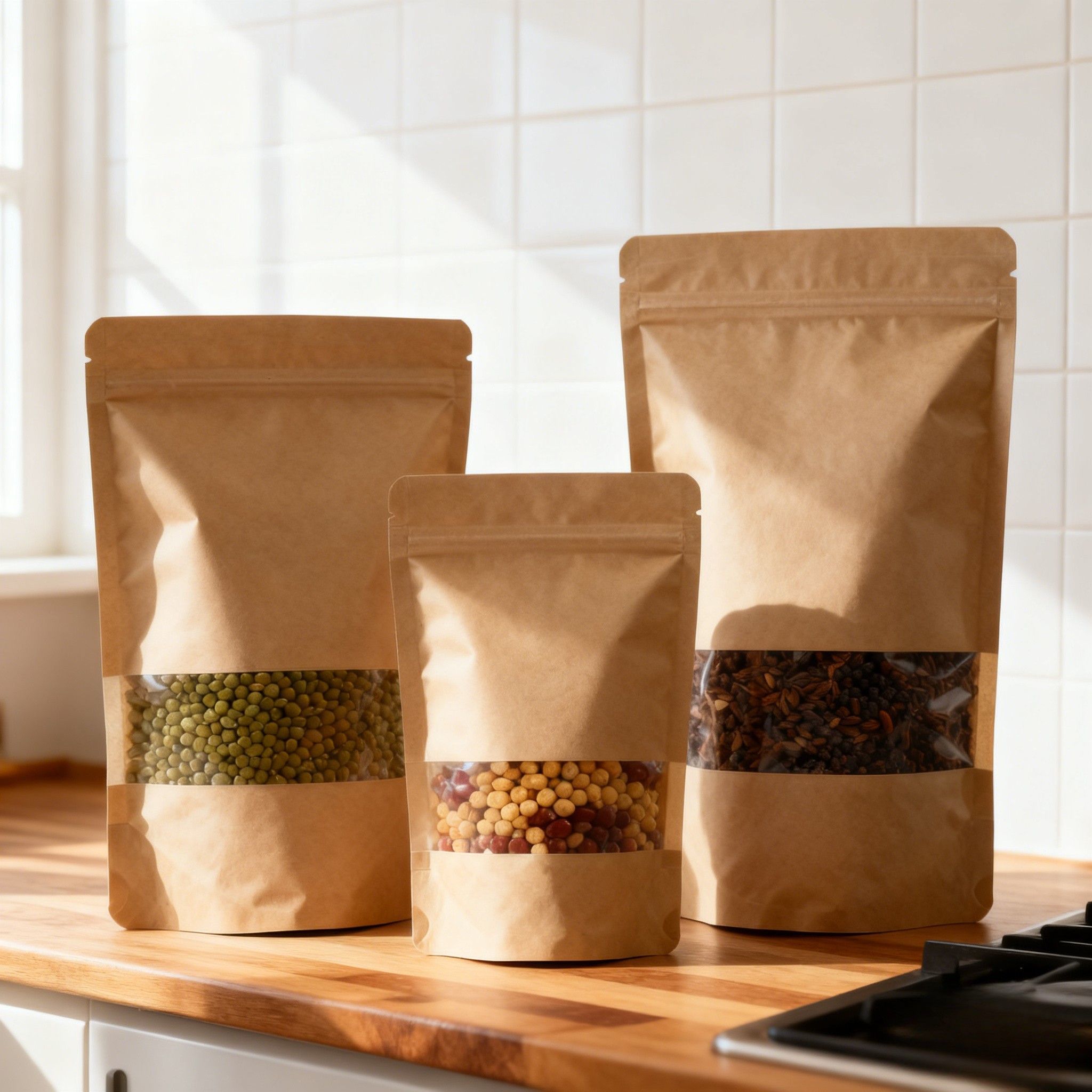 Kundenspezifischer biologisch abbaubarer, feuchtigkeitsbeständiger Standbodenbeutel aus Kraftpapier für Lebensmittelverpackungen