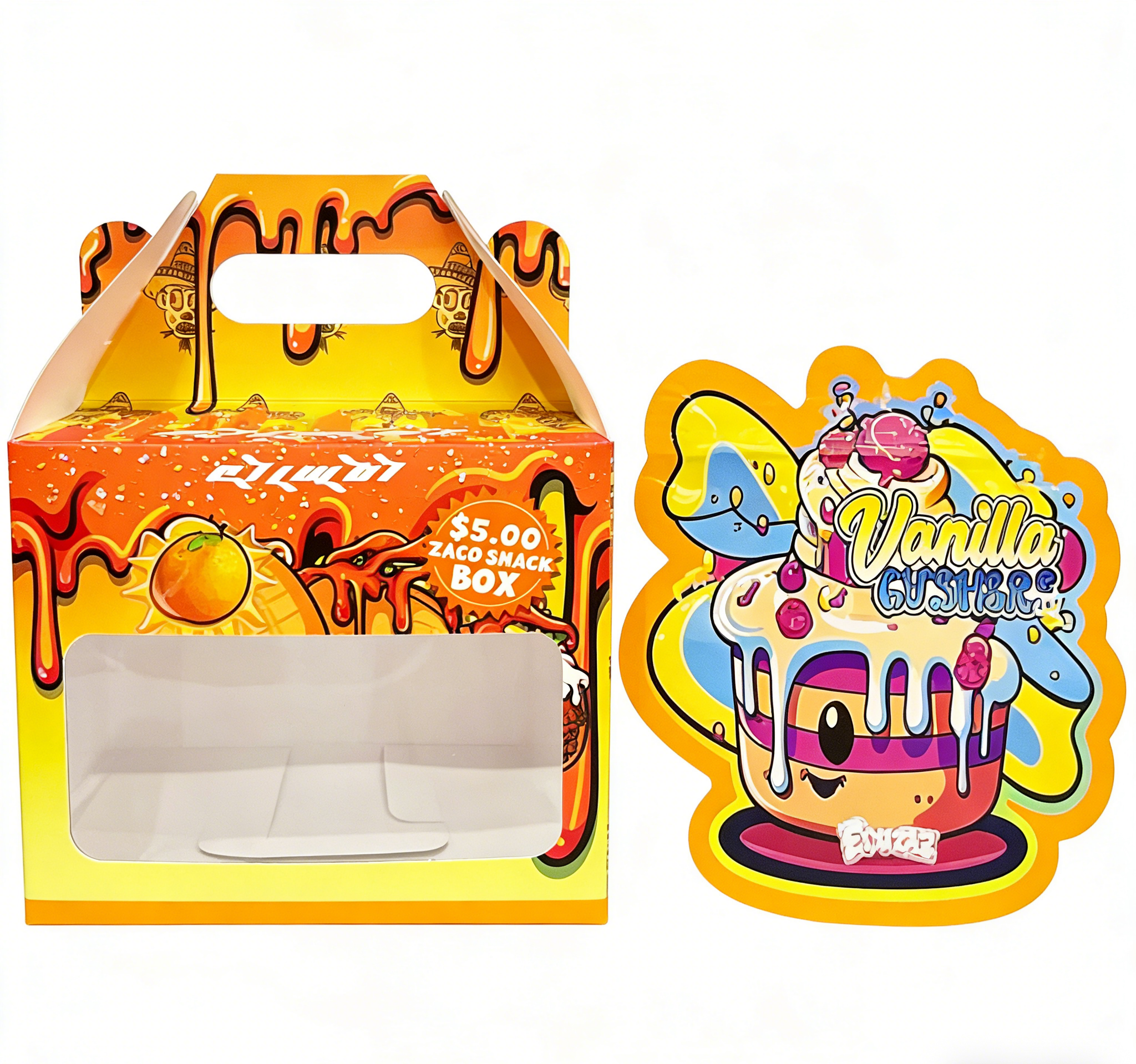 Custom 3.5 Mylar Bag Come With Display Box For Flower Candy Cookie Gummy Packaging Child Resistant 3.5g 7g 14g Die Cut Mylar Bag