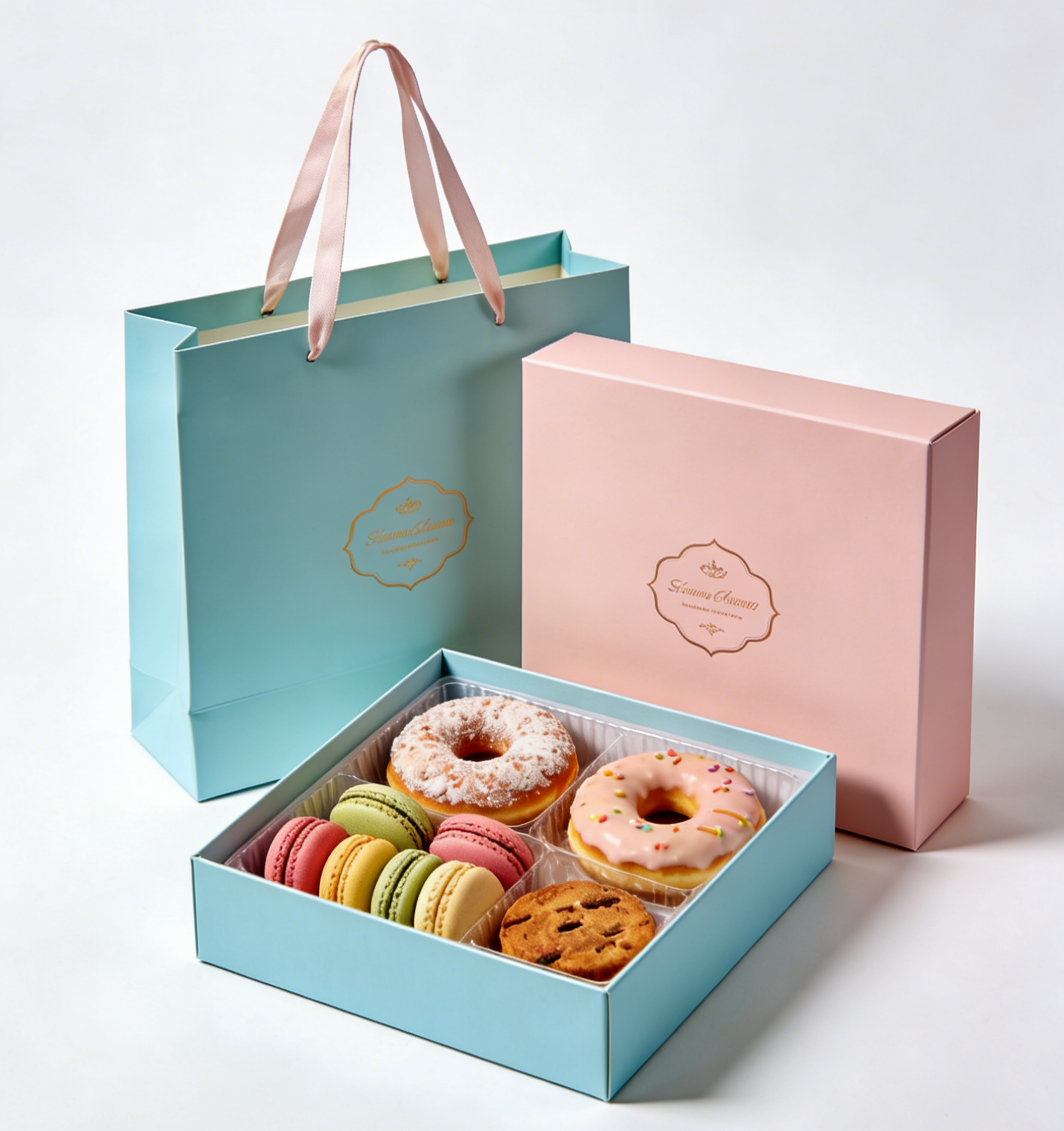 Premium-Food-Grade Klapp-Basis und Deckel-Box für Kuchen Sushi Makaron Desserts Bäckerei Geschenk-Box Set mit Papiertüte