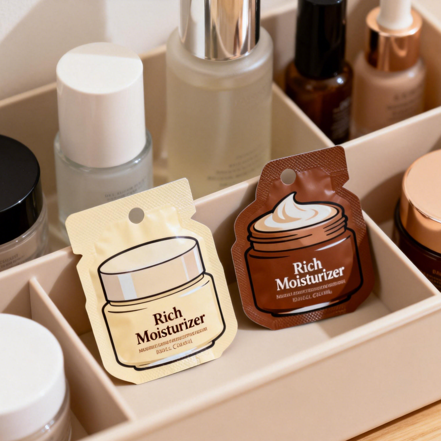 Benutzerdefinierte Hautpflege-Lotion-Creme-Verpackung Plastik Kleine Kosmetik-Proben-Beutel Mylar-Folienbeutel Heißsiegelbeutel Sachets Kleine Mini-Beutel